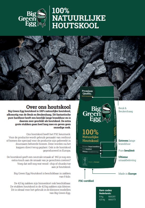 Premium natuurlijke houtskool – Big Green Egg zak 9 Kg