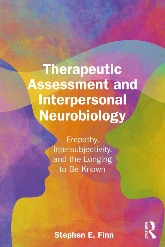 Couverture de livre avec le titre 'Therapeutic Assessment and Interpersonal Neurobiology' en lettres blanches sur un fond abstrait et coloré. Deux profils de visage, violet et jaune, sont visibles.