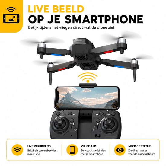 Zwarte drone met propellers en verlichting, zwevend boven een smartphone waarop de camerafeed wordt getoond. "LIVE BEELD OP JE SMARTPHONE"
