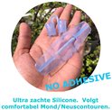 Hand met zacht, lichtblauw siliconen mondstuk en neusspreiders. "NO ADHESIVE"