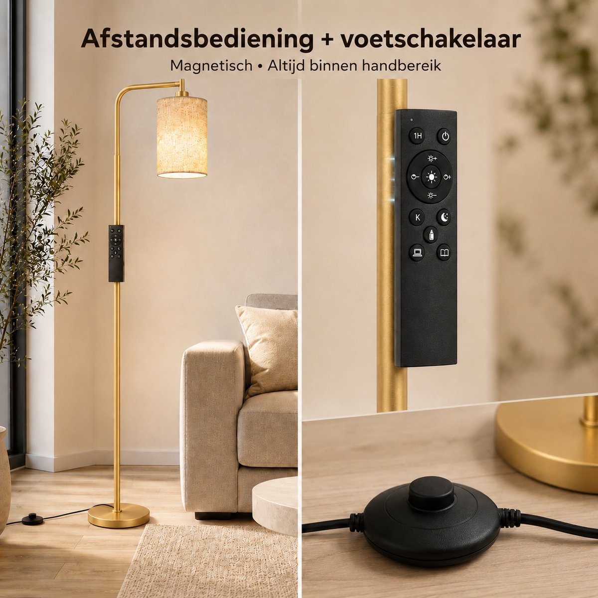 Rosnek Staande Lamp met Linnen Lampenkap - Dimbare LED Vloerlamp - met Afstandsbediening - Timer - Voetschakelaar - Slimme E27 Leeslamp voor Woonkamer Slaapkamer en Kantoor - H 165 cm - Goud thumbnail 2