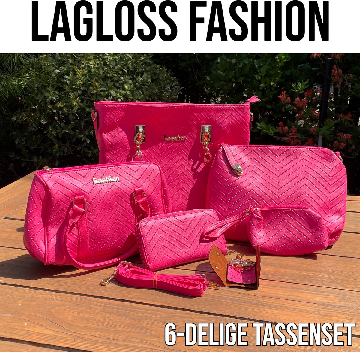 LaGloss® 6-delige Tassen Set Fuchsia Roze – Shopper, Handtas, Schoudertas, Clutch & Portemonnee – Imitatieleer