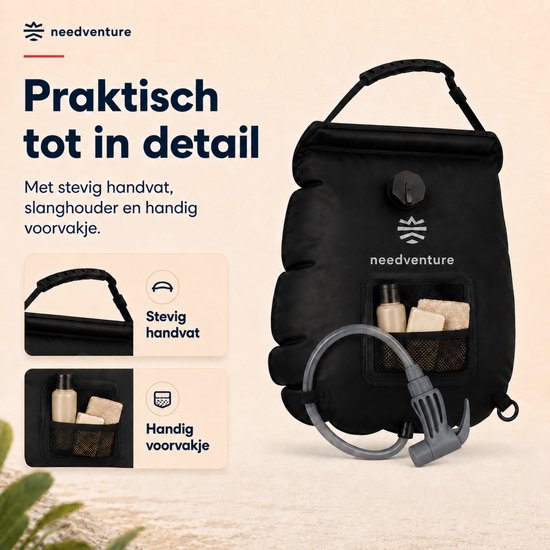 needventure® Solar Douche - Camping Douchezak - Buiten Douche - Tuindouche - Inclusief Thermometer - Waterzak Met Douchekop - 20L - Zwart