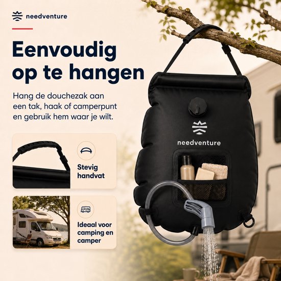 needventure® Solar Douche - Camping Douchezak - Buiten Douche - Tuindouche - Inclusief Thermometer - Waterzak Met Douchekop - 20L - Zwart