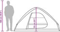 Schematische weergave van een 4-persoons koepeltent met een hoogte van 155 cm naast een figuur van 180 cm.