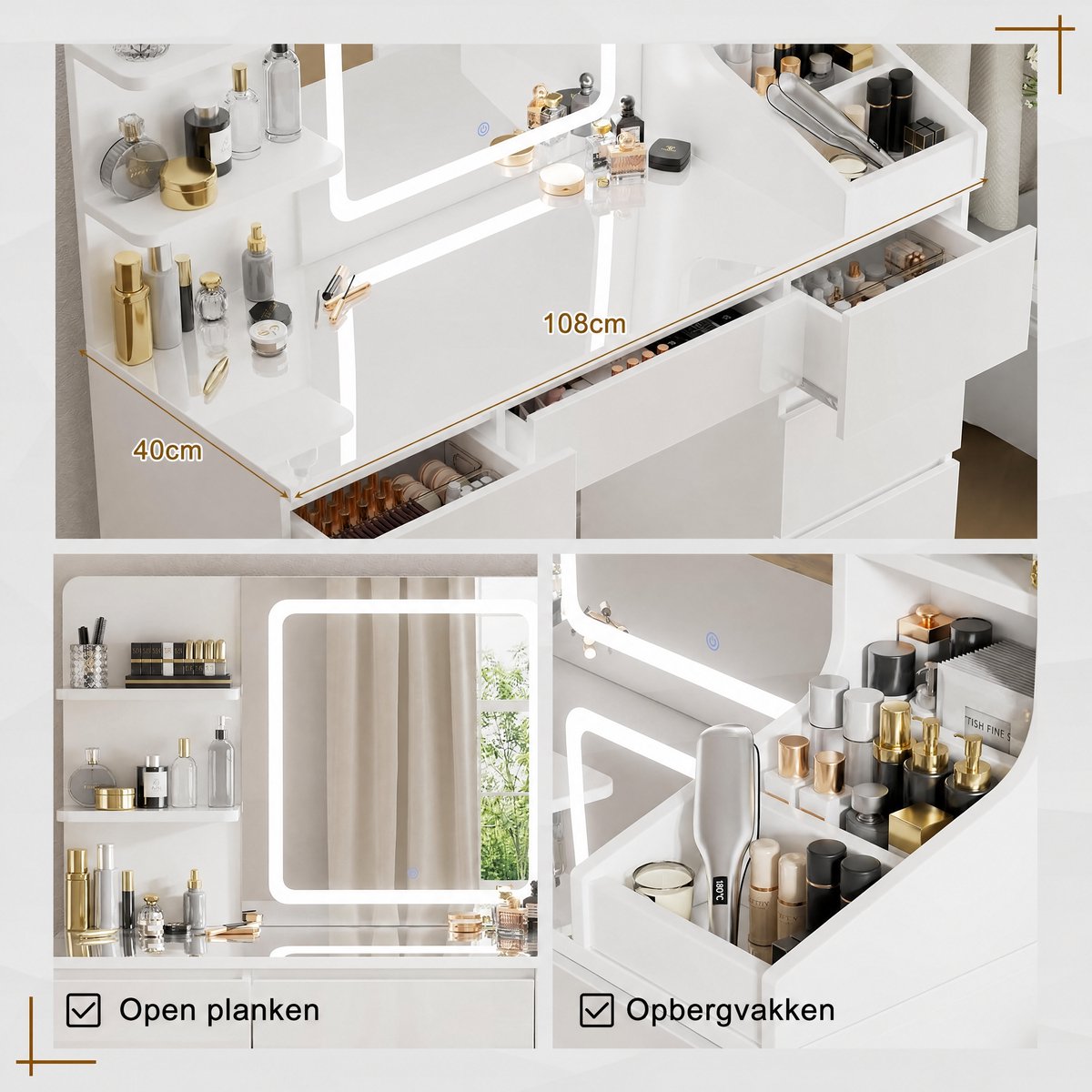 Devoko Kaptafel met LED Spiegel Wit – Make-up Tafel met 3 Kleurtemperaturen – 6 Lades & Opbergruimte – Toilettafel met Spiegelverlichting – Wit