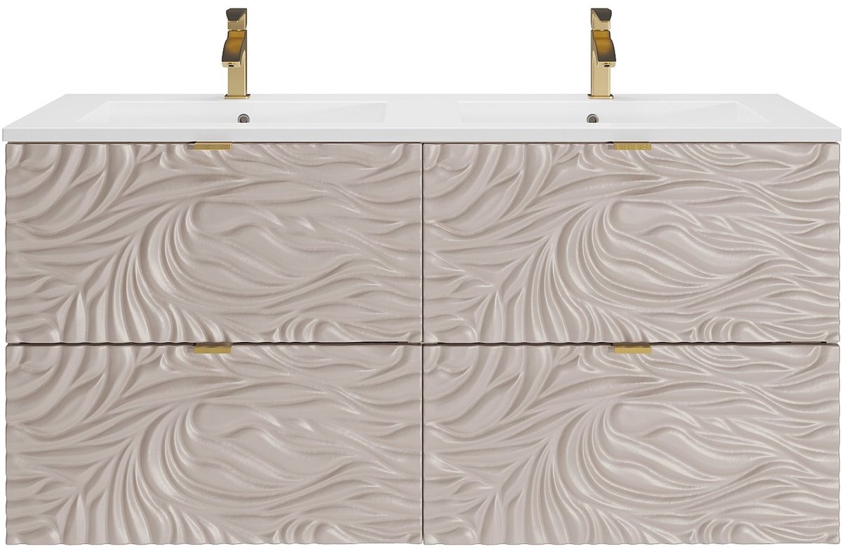 Vente-unique Getextureerd zwevend badkamermeubel met inbouwwastafel - Beige - 120 cm - RINAREL