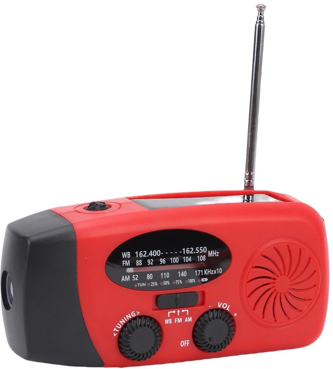Dailygoods- Noodweerradio AM/FM/NOAA - Zonnepaneel - 2000mAh Powerbank - LED-zaklamp - Handslinger - Voor Buiten/Kamperen - Weerradio