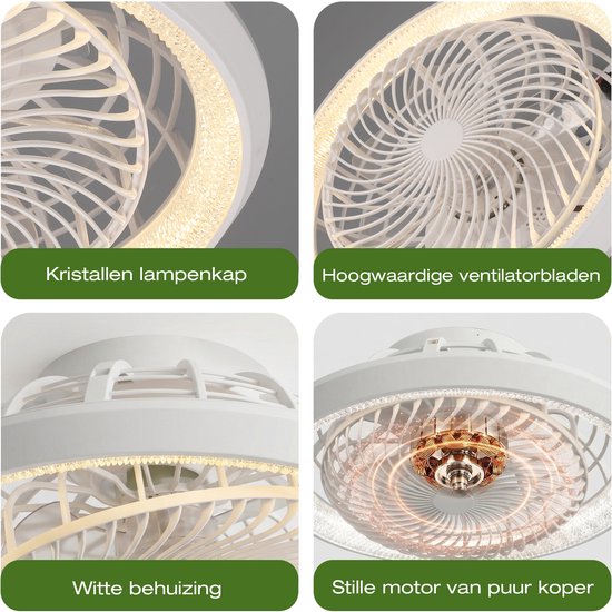 Rosnek Binnenroterende Plafondventilator met Lamp - Ø49 cm - Crystal LED Plafondlamp Dimbaar - App & Afstandsbediening - 6 Snelheden - 360° Luchtcirculatie - Wit — afbeelding 3