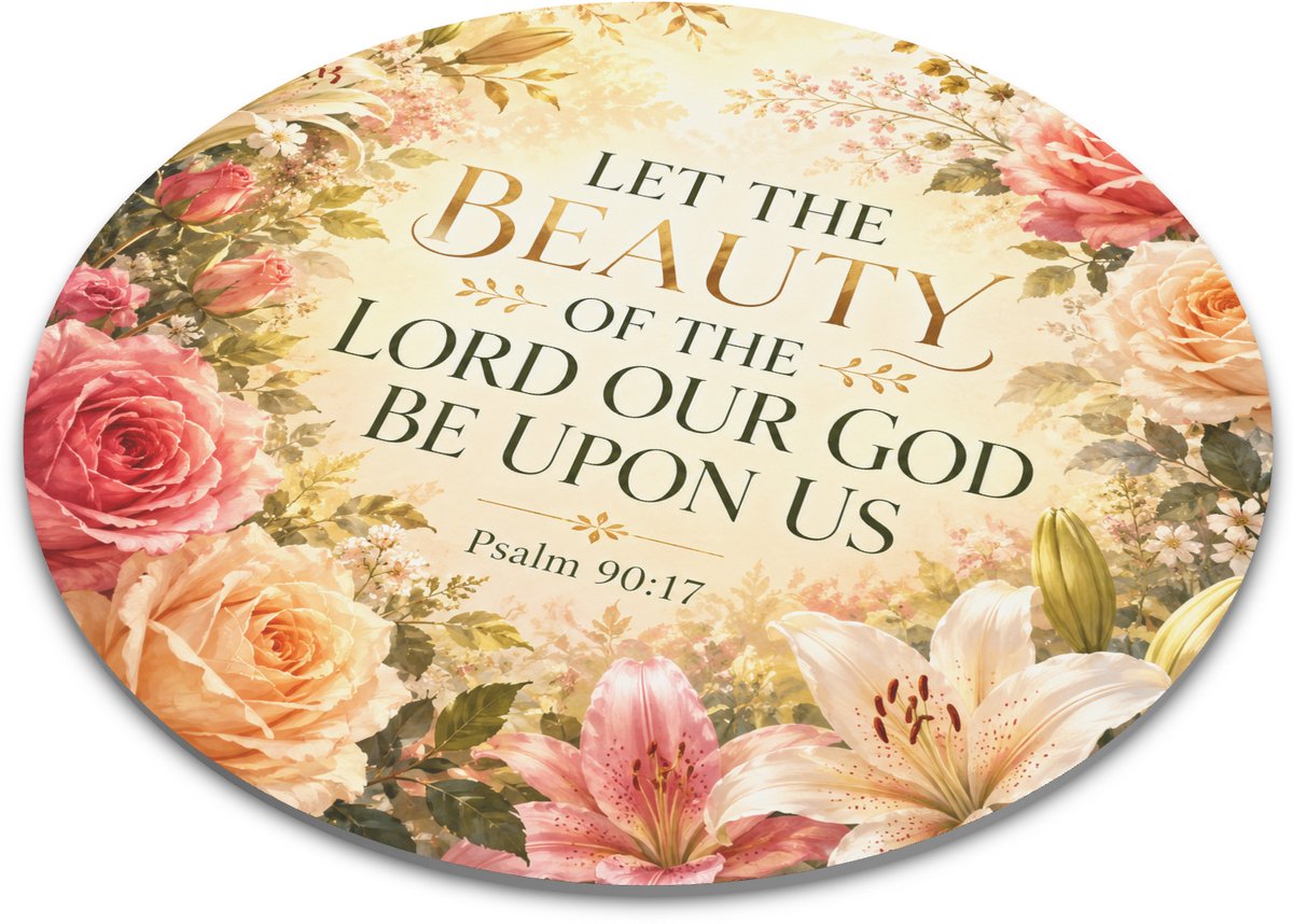 Ronde muismat met bijbeltekst Let The Beauty Of The Lord Our God Be Upon Us – Psalm 90:17 – florale aquarel met rozen, lelies en christelijke quote