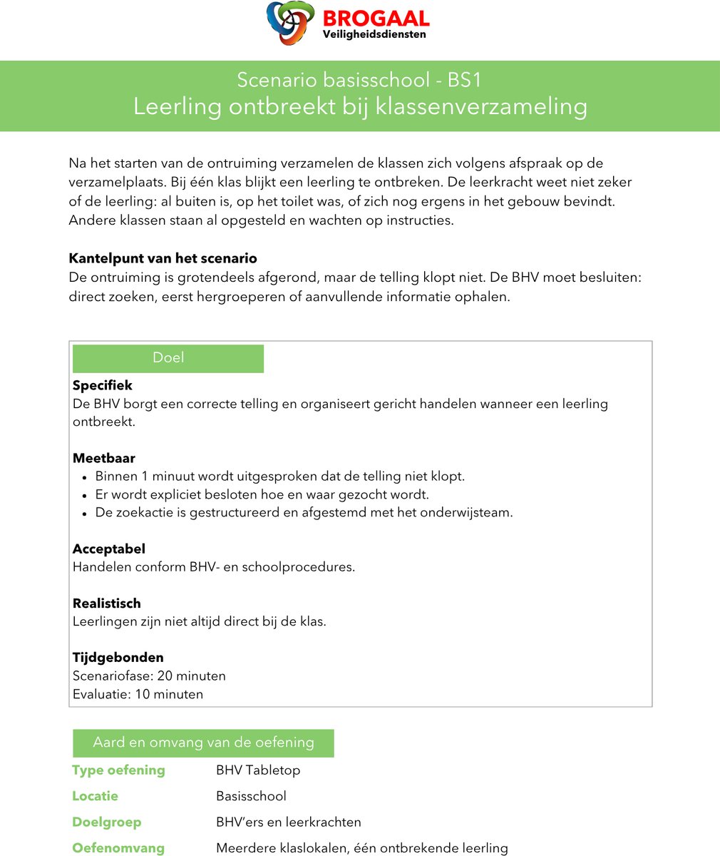 BHV Scenariokaarten Basisschool - 10 A4 Oefenkaarten - Voor BHV training, ontruiming en calamiteitenoefeningen op school