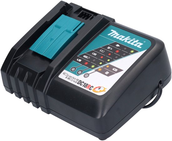 Makita DC18RC lader, zwart met turquoise laadstation, gezien vanaf de zijkant rechts.