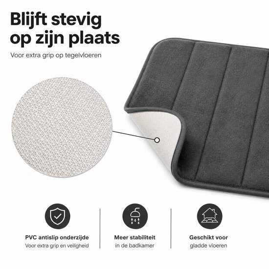 Tapis de bain gris avec dessous en PVC texturé antidérapant pour une meilleure adhérence.