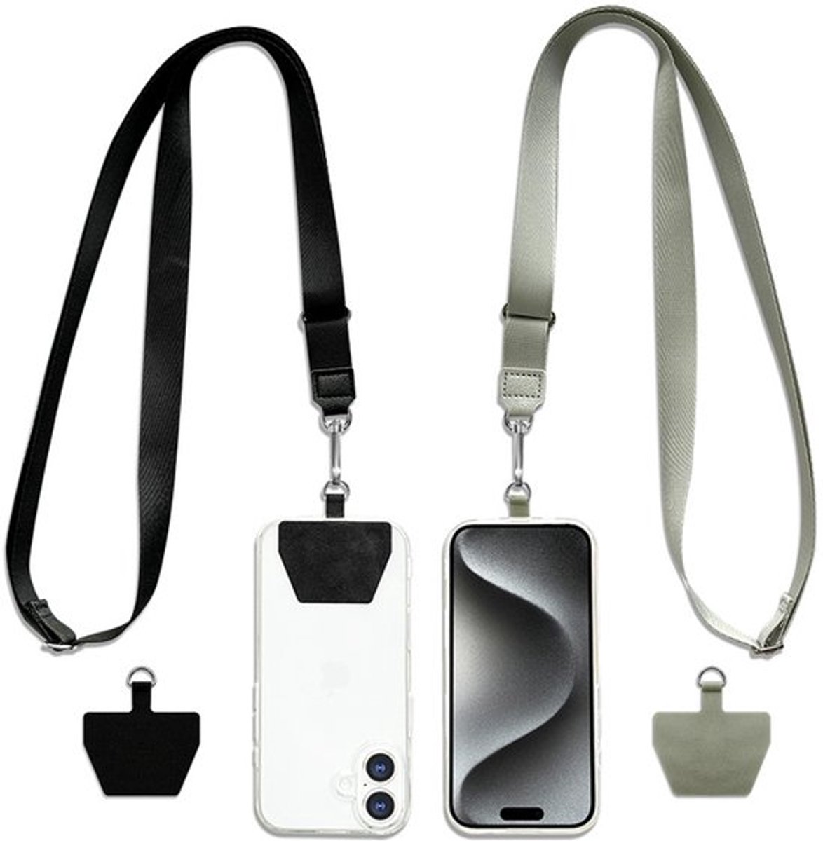 Telefoonkoord 2-pack - 2 x verstelbare nekkoorden, 2 x telefoonpatches, universele multifunctionele telefoonpatches, geschikt voor de meeste smartphones (zwart + grijs)