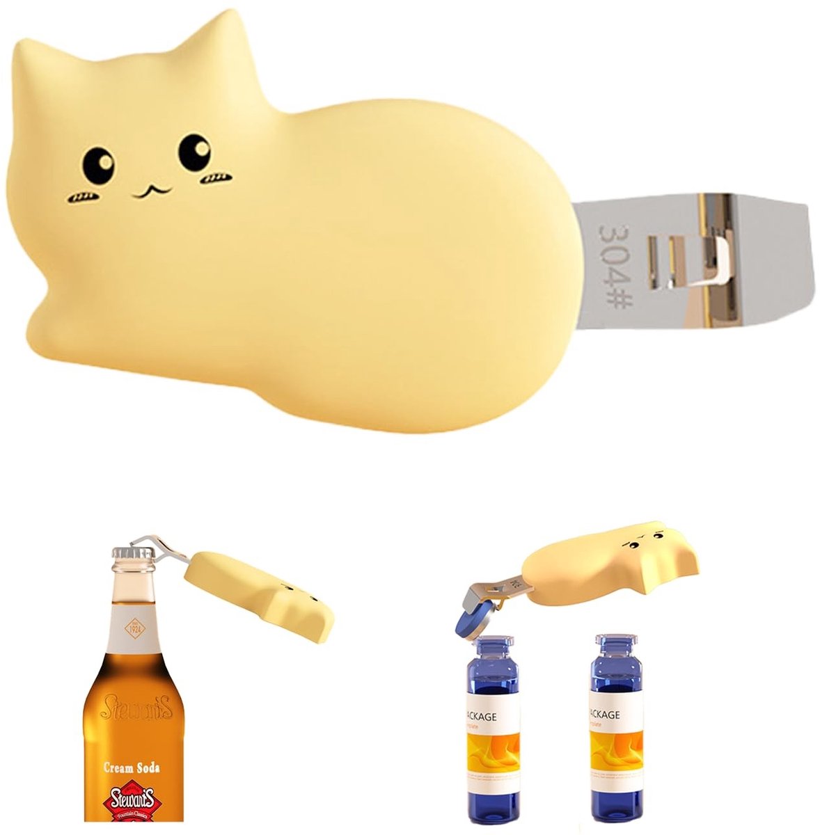 Dailygoods- Flesopener - Gele Kitten - Multifunctionele Opener - Roestvrij Staal - Siliconen - Lichtgewicht 8,1 x 4,2 x 1,4 cm - Bieropener