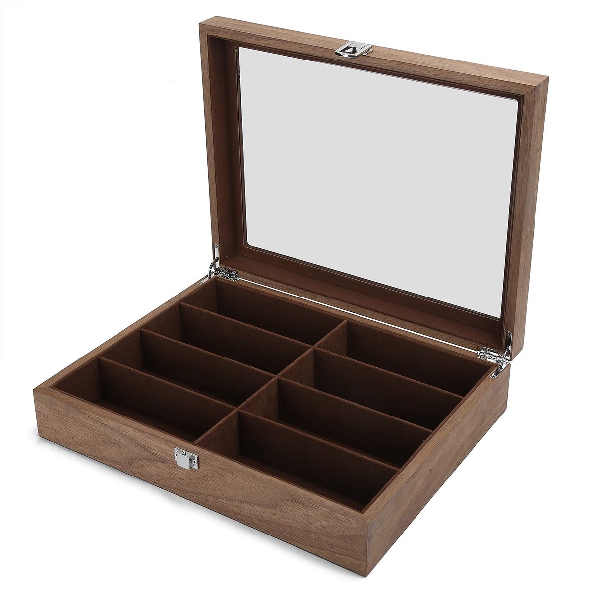 Dailygoods- Brillendoos - Opbergdoos met 8 Roosters - Houten Vitrine - Sieradenorganizer - Transparant Deksel - Duurzaam Materiaal