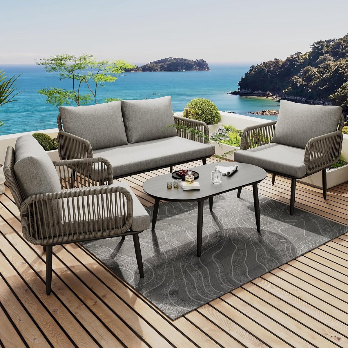 Luxe 4-delige Modern Design Tuin Loungeset met 2-Zits Bank, 2 Stoelen en Glazen Salontafel Handgevlochten Touw en Gegalvaniseerd Stalen Frame
