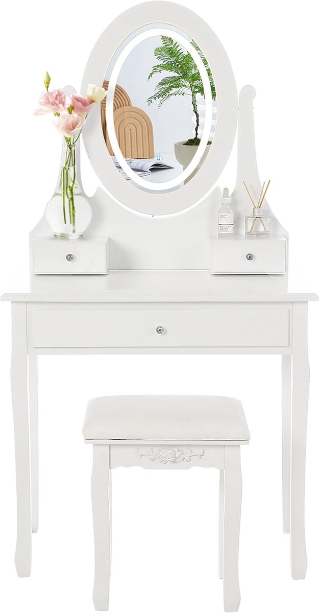 Kaptafel met ovale LED-touch spiegel - 3 verlichtingsstanden - 3 lades - Gevoerde kruk, make-uptafel voor damesslaapkamer, wit