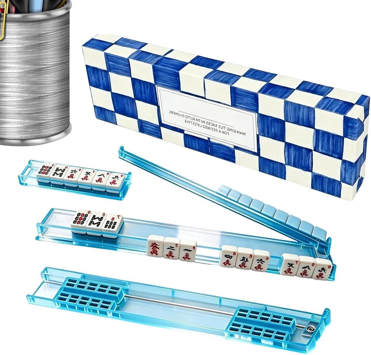 Mahjong Tegelrekken - Tegelbak Duwers - Spel Organisatie - Magnetische Schuivers - 44 cm Lengte - Blauw
