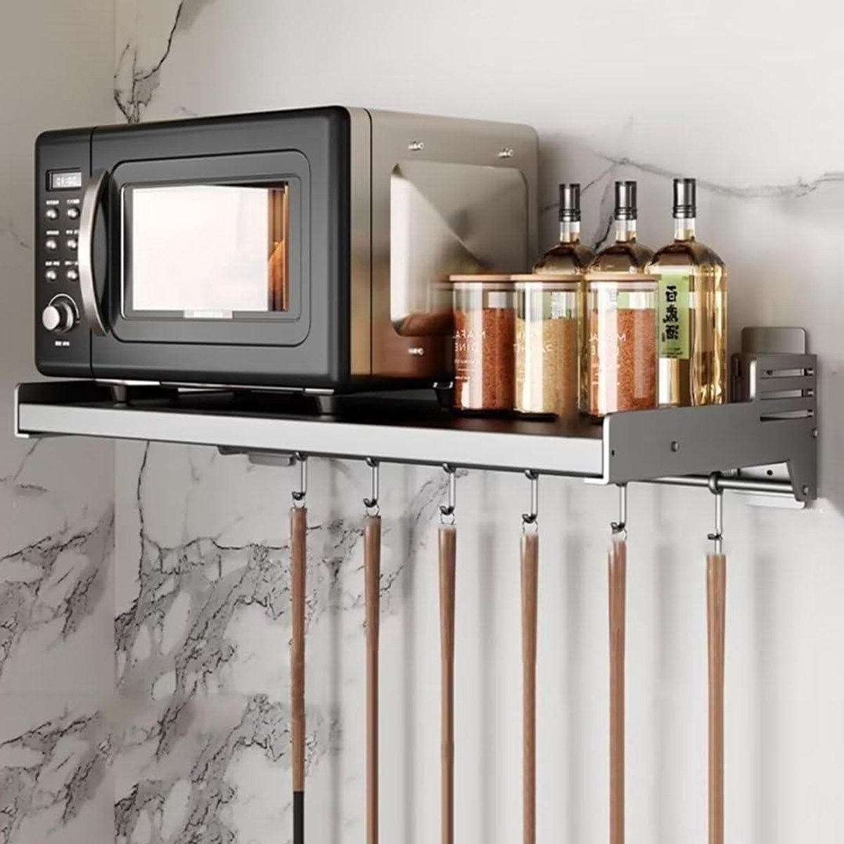 Magnetron Wandplank - Keukenrek - Keuken Opbergen - Met 6 Haken - 49 cm - Grijs