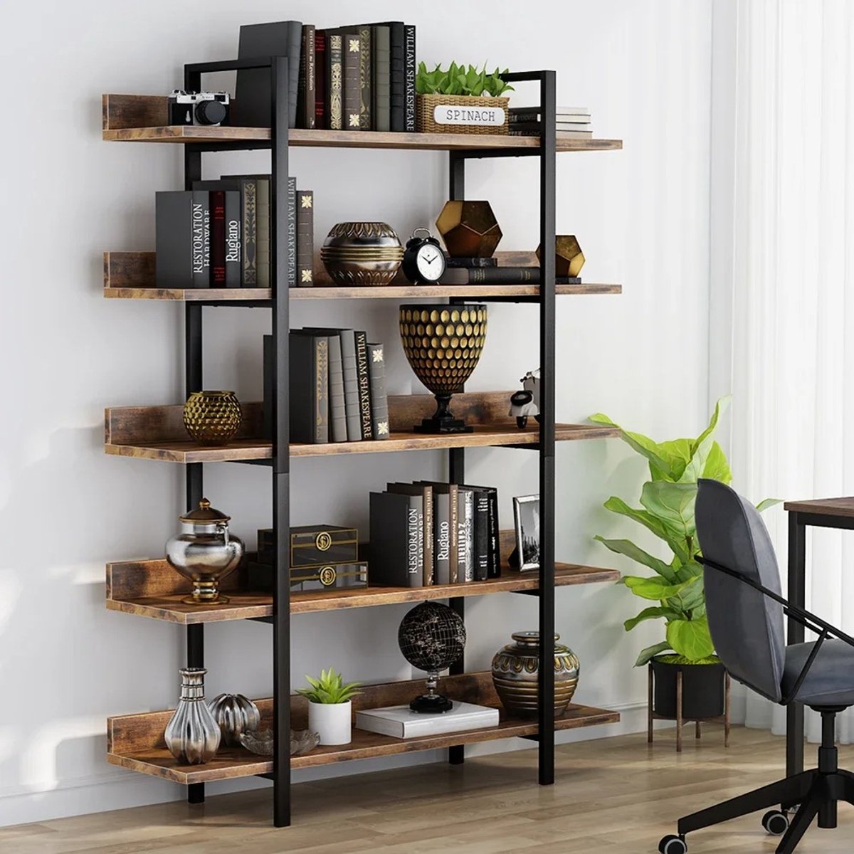 DailyDamaar kast - Opbergkast - Vitrinekast - Boekenkast - 105x33x180 cm - 5-laags - Industriëel - Hout - Metaal - Zwart