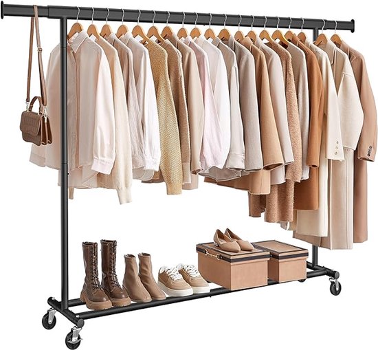 Conway Living® - Kledingrek op Wieltjes - Heavy Duty Verrijdbaar Kledingrek - Garderoberek - Verstelbare kledingstang - Uitschuifbare Kledingstang - Verstelbare Hangstang - Stabiel tot 150 kg - Zwart