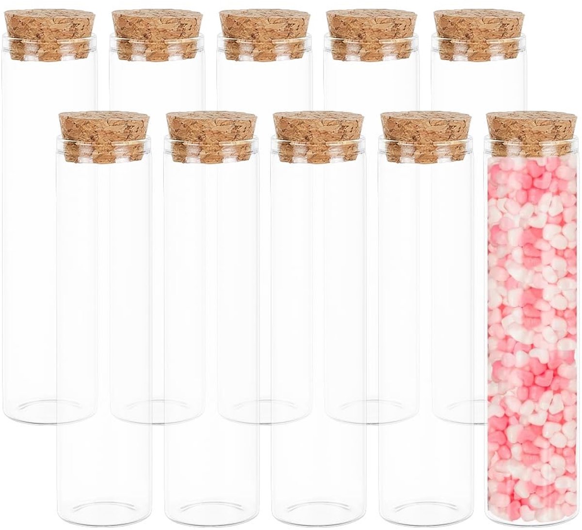 VLEMICO- Reageerbuisjes 60 ml met kurkstop - Glazen reageerbuisjes - Mini flessen voor laboratorium - Cadeautjes voor gasten - Voor zoetigheden/kralen - 10 stuks - Glazen Flesjes