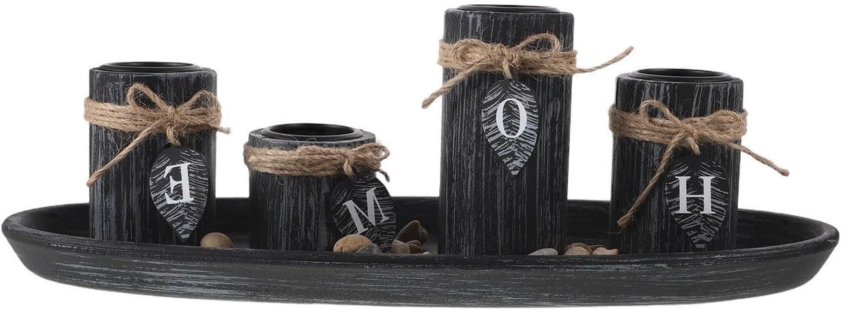 Kaarsenstandaards Set - Houten Houders - Sfeerverlichting Creëren - Rustieke Boho Stijl - 39x14x3.5 cm - Grijs