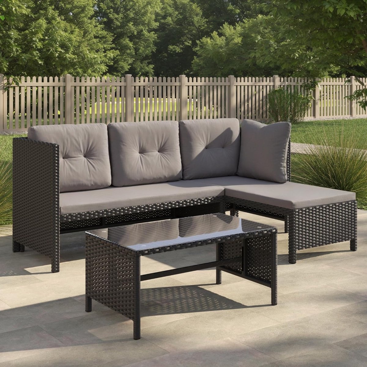 Luxe Weerbestendige Rattan Lounge Hoekset met Salontafel en Comfortabele Kussens 180x120x72 cm – Donkergrijs (Mobili Bella)