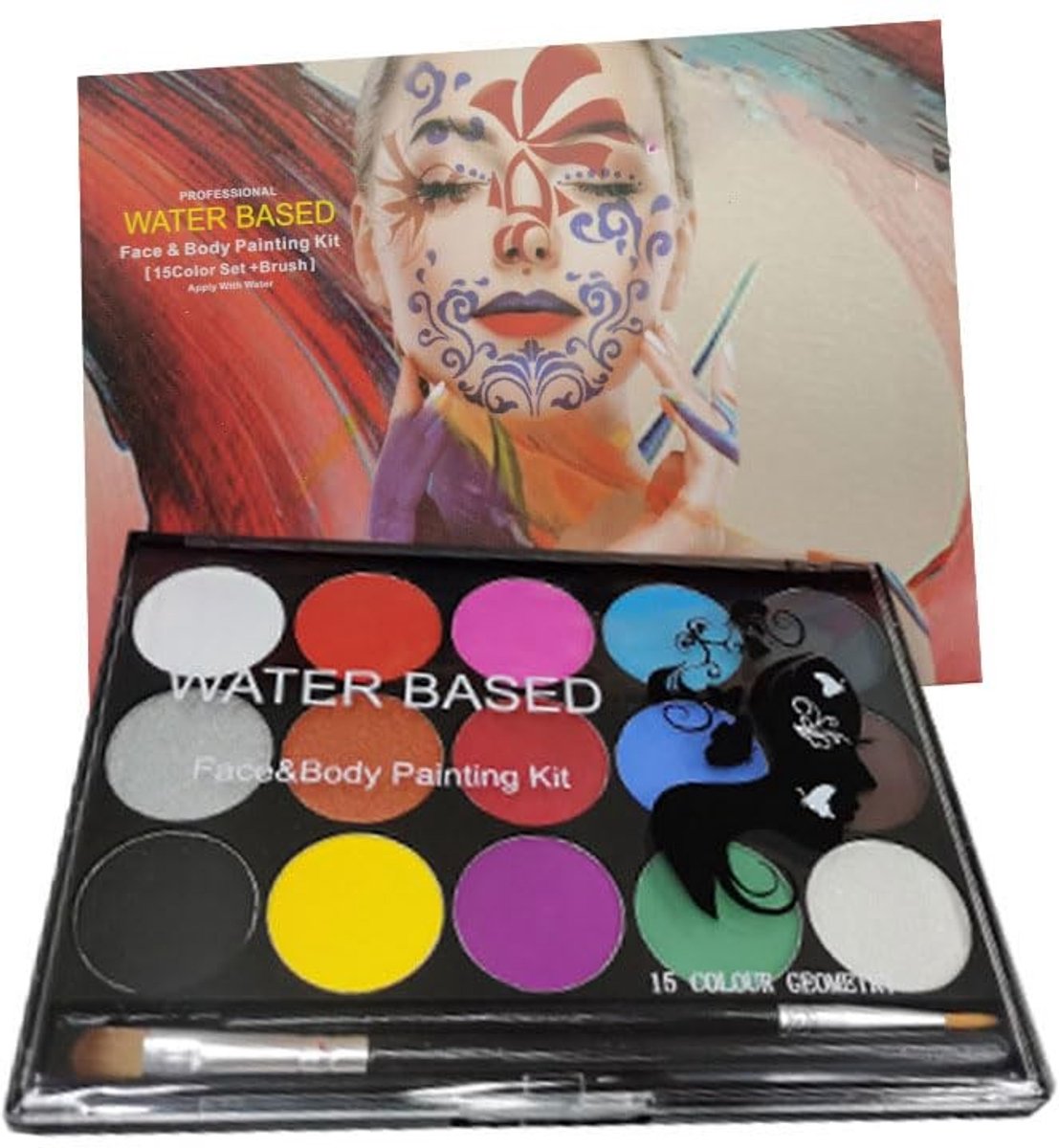 Dailygoods- Gezichtsverf Set 15 Kleuren - Huidveilige Pigmenten - Sneldrogend op Waterbasis - Inclusief 2 Verfkwasten - Ideaal voor Cosplay en Feestdagen - Afmetingen 14,5 x 11 cm - Bodypaint