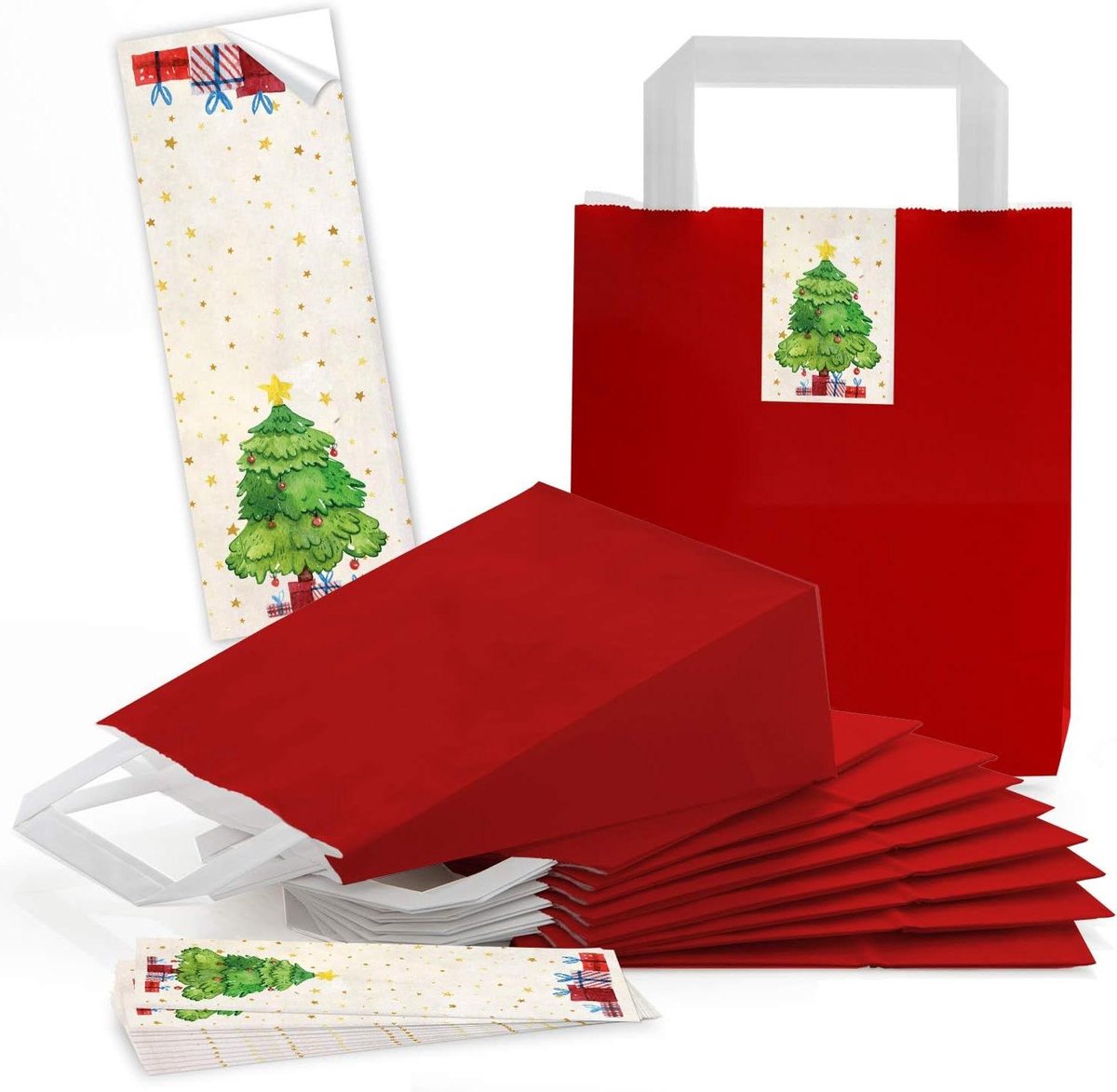 Papieren Cadeauzakjes - Bedrukte zakjes - Feestelijke verpakking - Met kerstboommotief - 100 stuks - Rood beige