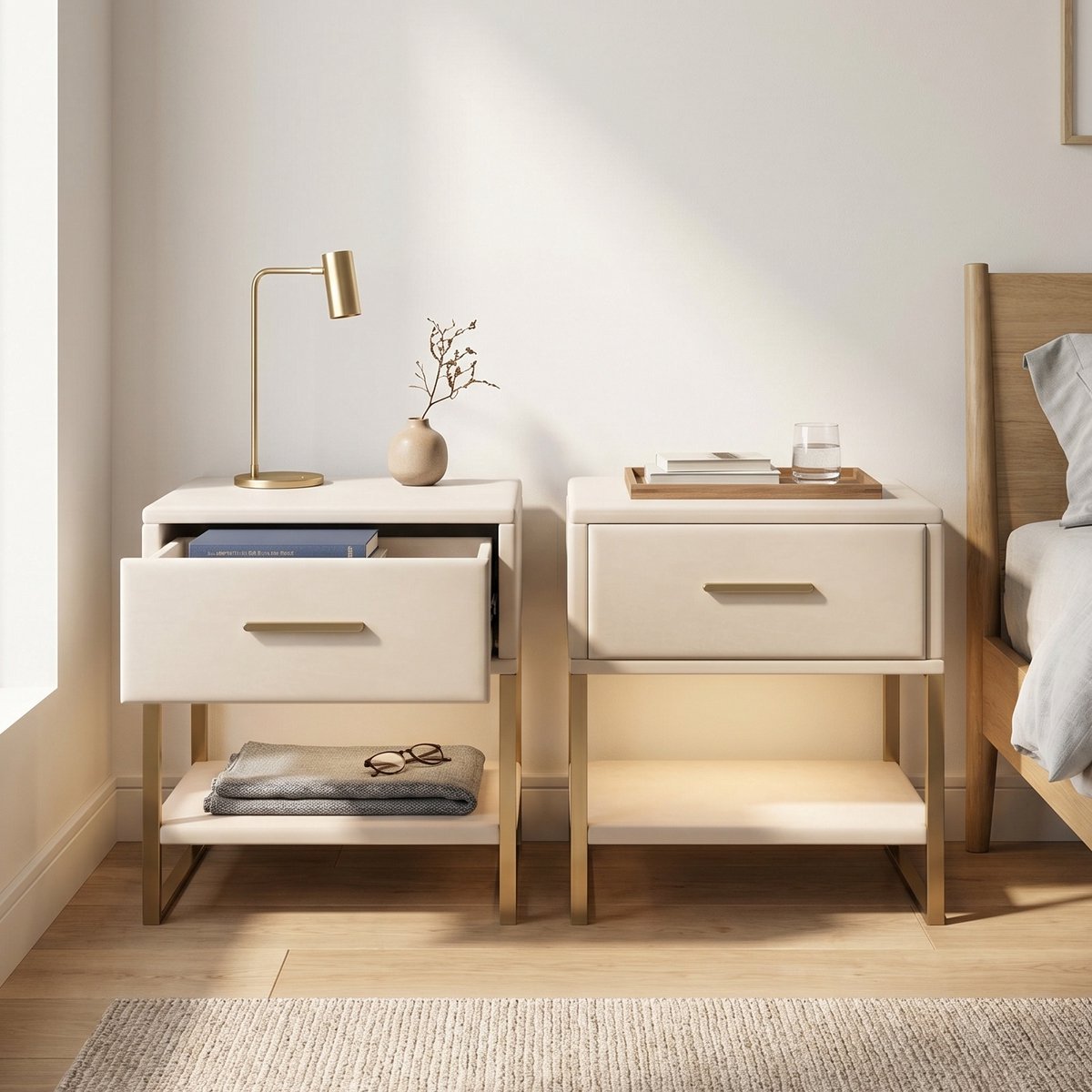 Set van 2 Nachtkastjes - 40x31x50cm - met lade en LED - fluweel en metaal - modern - Beige