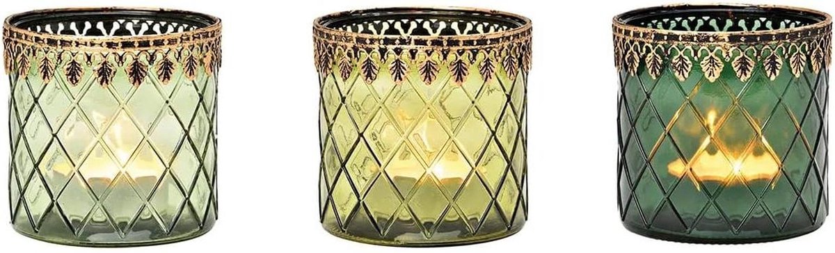 Windlicht set - Kaarsenhouder glas - Sfeervol decoreren - Gestructureerd glas - 3 stuks - Groen goud