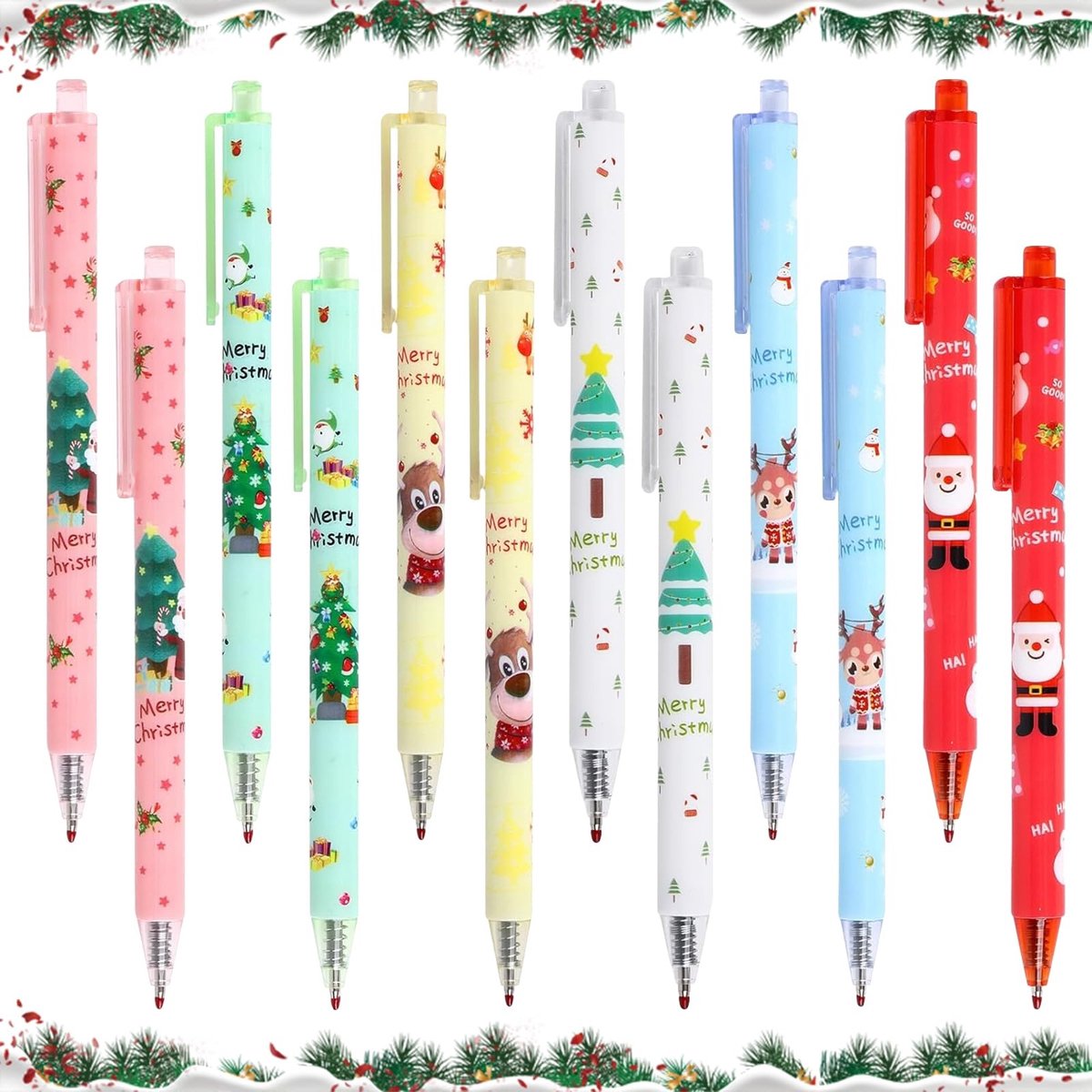 BRENZOOS- Kerstbalpen 12 stuks - Intrekbare Balpen - Gelpen - Leuke Balpen - Kantoor/Schoolbenodigdheden - Uniek Design 14cm - Gelpennen
