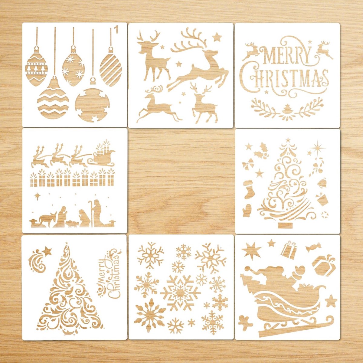 JHUBERS- Kerst Stencils 8 Stuks - Sjablonen voor Schilderen - Herbruikbaar en Wasbaar - 13 x 13cm - Patronen voor DIY Decoratie - Flexibel en Duurzaam
