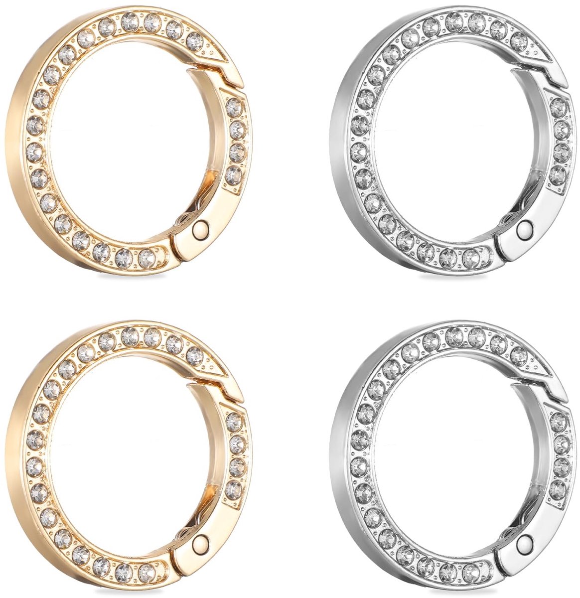 JHUBERS- Karabijnhaak 4 Stuks - Gouden/Zilveren Ronde Karabijnhaken - 35 mm - Roestvrij Staal - Met Strass-Inzetstukken - Veerclip Sluiting - Sleutelhanger