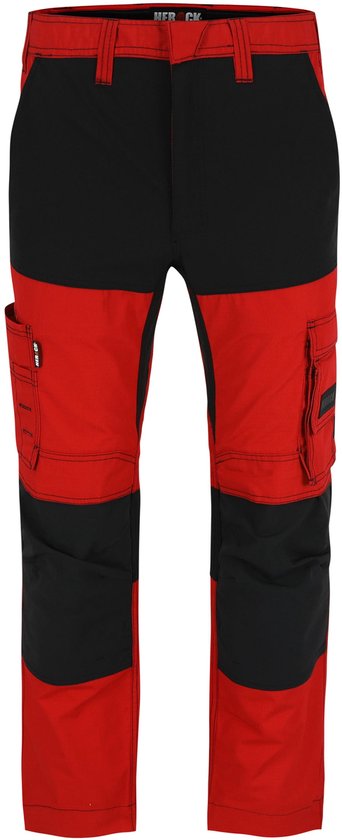 Rood-zwarte werkbroek met rode bovenkant en onderbenen, en zwarte panelen op de dijen en knieën.