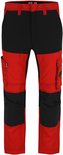 Rood-zwarte werkbroek met rode bovenkant en onderbenen, en zwarte panelen op de dijen en knieën.