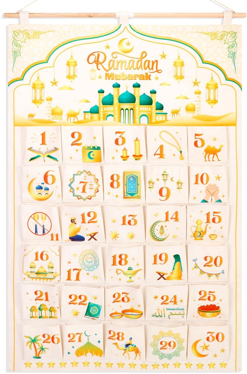 Dailygoods- Adventskalender Herbruikbaar - Wandkalender 30 Zakken - Ramadan Aftellen - Eid Decoraties - Witgouden Stof - Inclusief Houten Stok - Aftelkalender