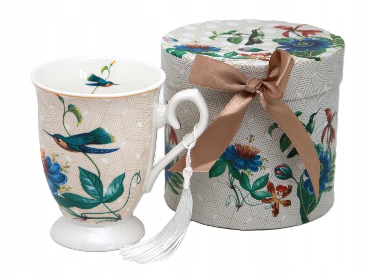 Porseleinen Mok met Bloemen en Vogels - Elegant & Artistiek