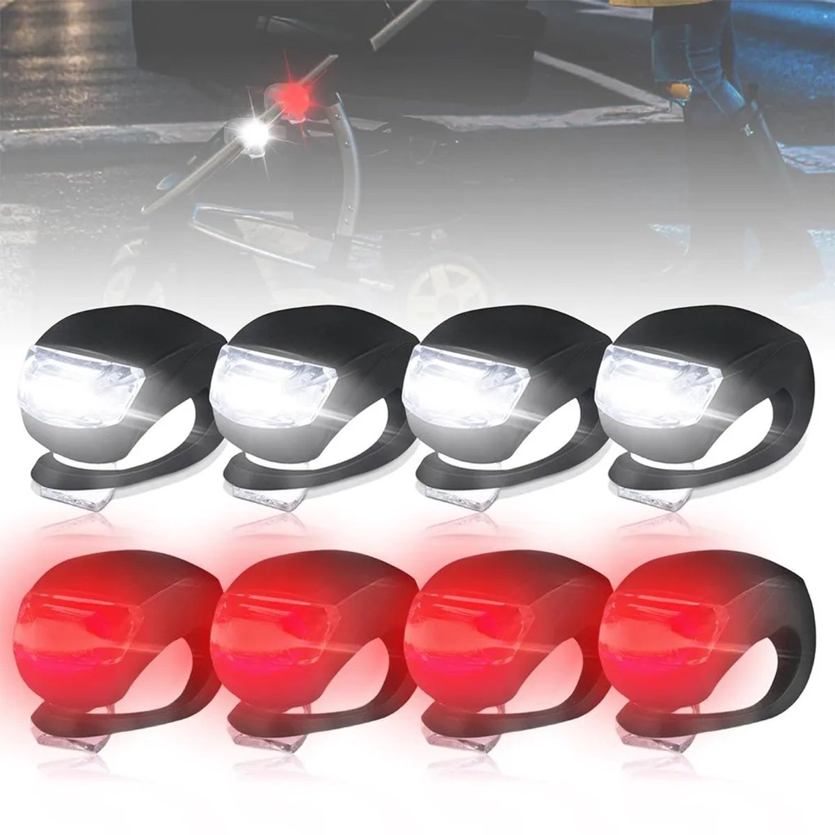 8-delige LED-kinderwagenverlichtingsset, waterdichte siliconen kinderwagenverlichting, veiligheidsverlichtingsset met 3 functies, draagbaar waarschuwingslampje met clip