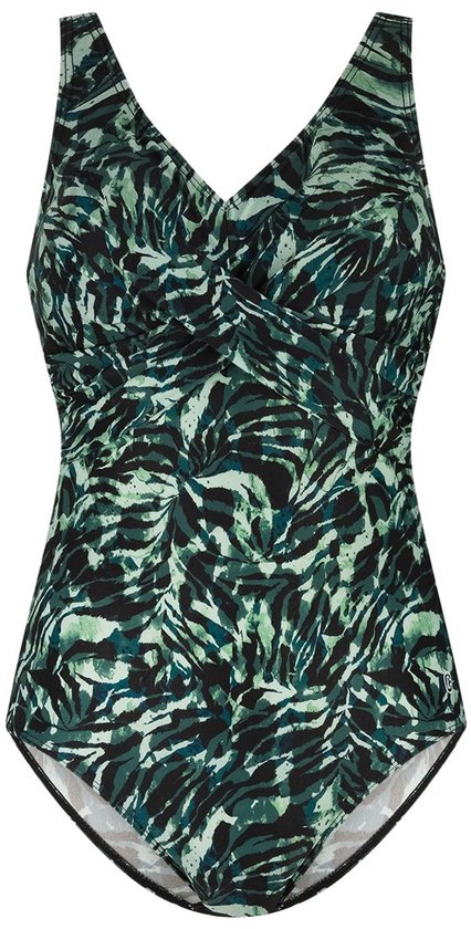 Dames badpak met v-hals en tropische print in groen en zwart.