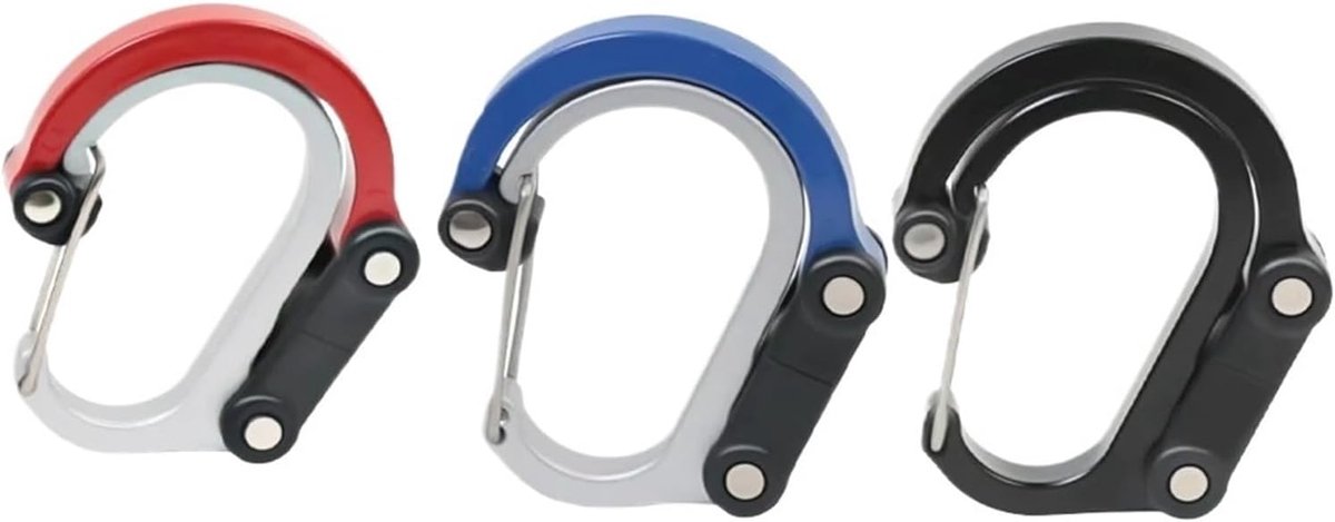 Drie kleine, multifunctionele, draaibare haken/lussen, 360 graden draaibaar, stevige gespen, Geschikt voor kamperen, wandelen en outdoor rugzakken (kleine maten in rood, blauw en zwart).