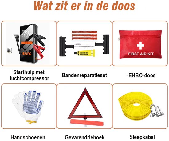 Inhoud van de auto-noodkit: startbooster, bandenreparatieset, EHBO-doos, handschoenen, gevarendriehoek, sleepkabel.