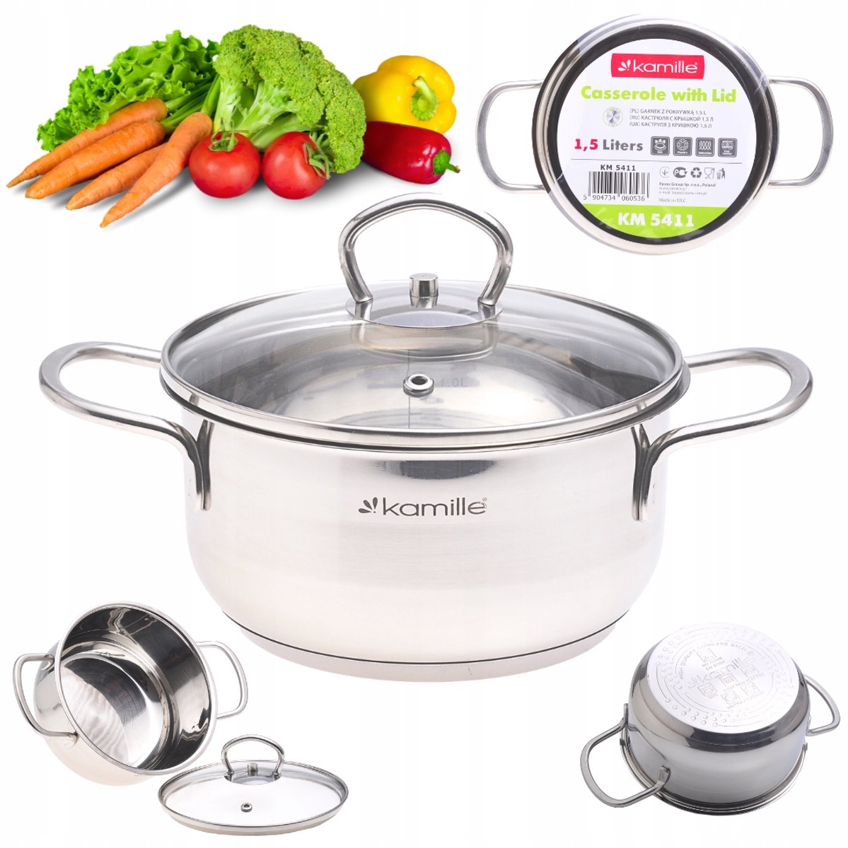 Kamille RVS Pan 1.5L met Glazen Deksel - Geschikt voor Inductie