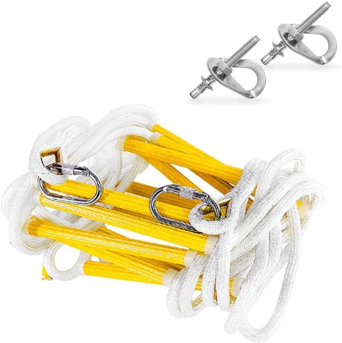 Klimtouwladder 75 m - Noodladder redding - Veilig Ontsnappen - 22 Antislip Treden - 25 Voet Lengte - Wit Geel
