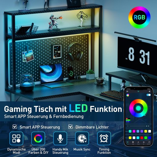 Gamingtafel met led - Hoekbureau computertafel - Thuiswerken gamen - Met opzetrek monitorstandaard - 150 x 100 cm - Zwart koolstofvezel — afbeelding 5