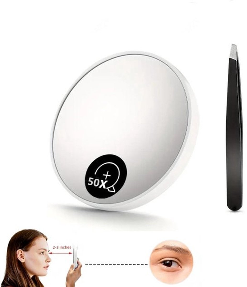 Witte 50X Vergrotende Zuignap Make-up Spiegel met Pincet - Draagbare Handmatige Beauty Spiegel voor Verwijderen van Huidonzuiverheden & Make-up