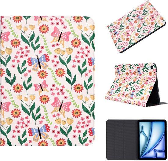 Collage de différentes vues et angles d'un étui de tablette à imprimé floral et papillon, et d'un étui fermé.
