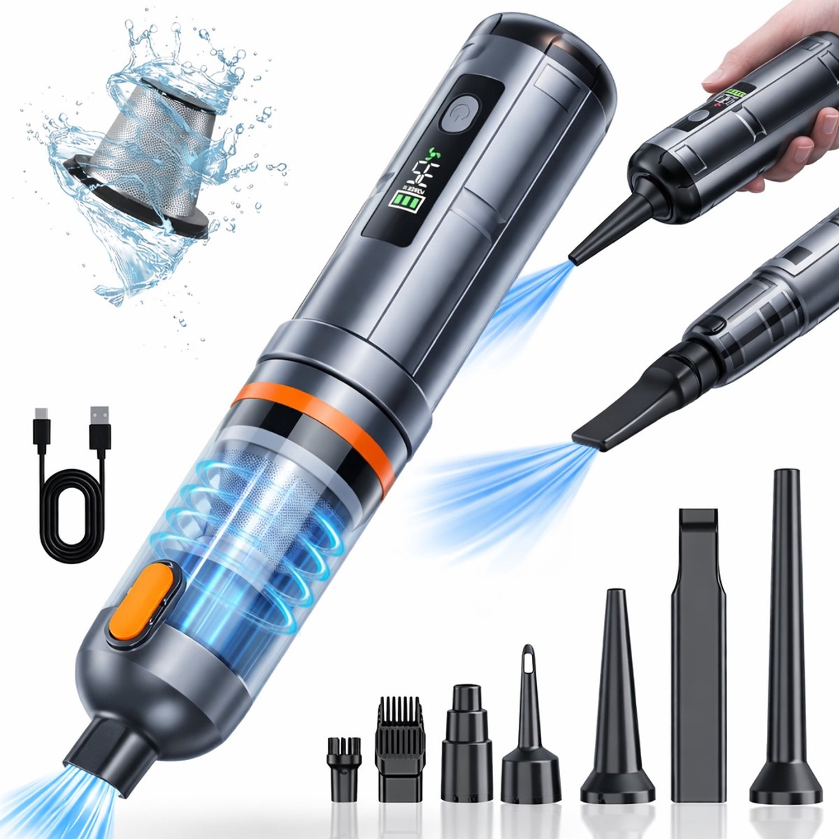 Draadloze Handstofzuiger 16000Pa – Krachtige Auto & Huis Stofzuiger, USB Oplaadbaar, Nat & Droog, Met Blaasfunctie en Accessoires voor Auto, Bank